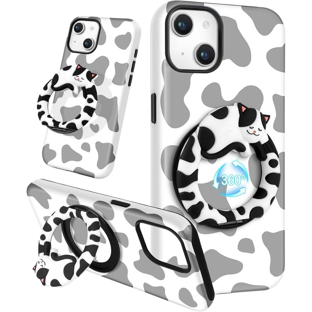 Likiyami iPhone 15 Plus Case 6.7" Kawaii Cat Ring 360° Stand, Cow Print Cute Cov